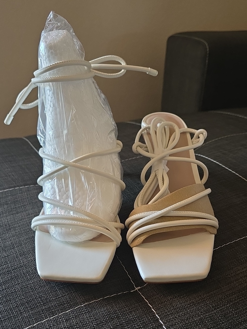 Aldo White Strappy Square-Toe Lace-Up Heels with Beige Footbed